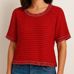 Vintage Red 100% Silk Beaded Evening Top Short Sleeve Sequin Blouse Medium